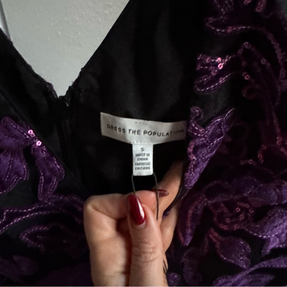 NWT Dress the Population Purple Black Floral Sequin Kelsey Mini Dress Sz L - Picture 11 of 11